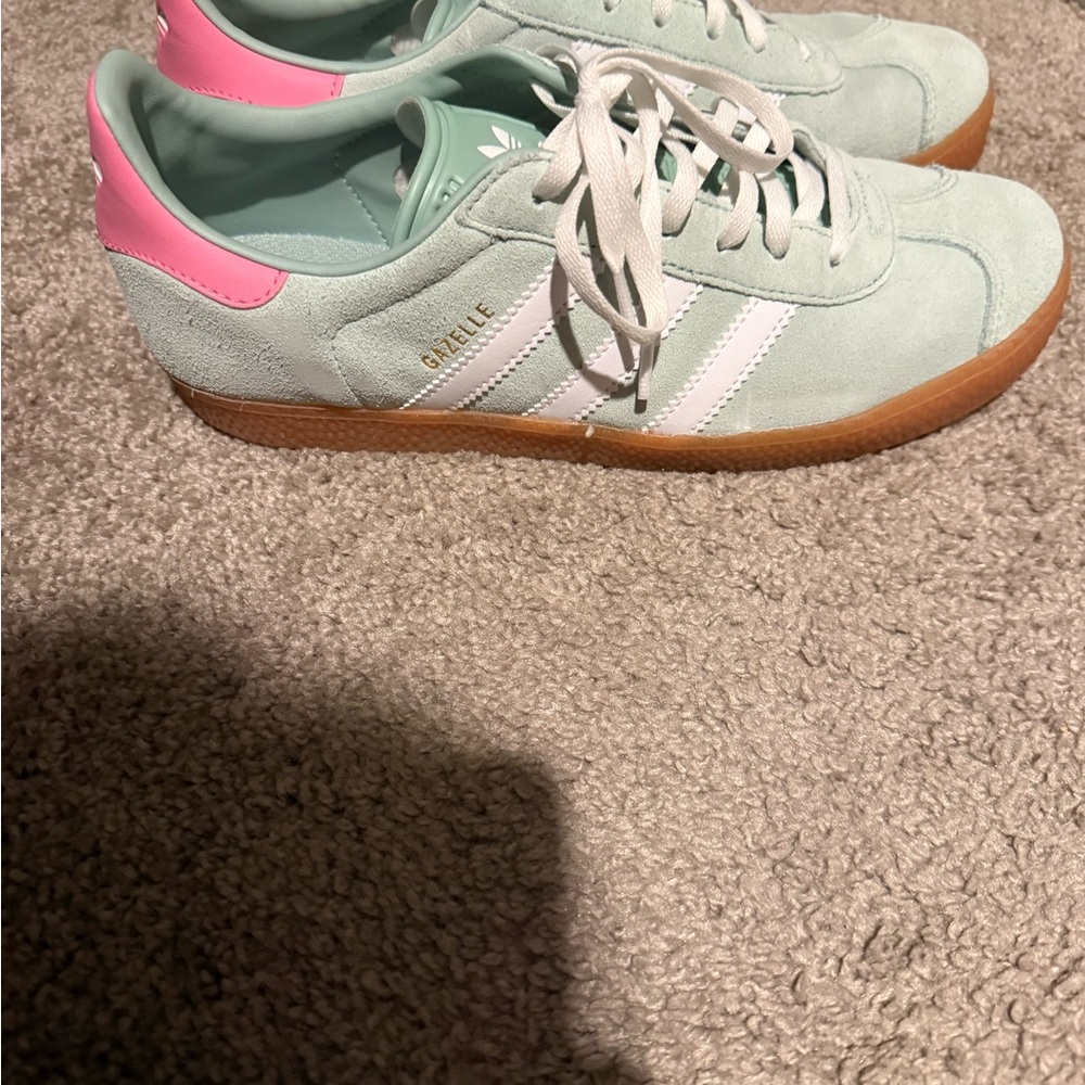 adidas Gazelle Women’s Mint Suede Sneakers with Pink Heel